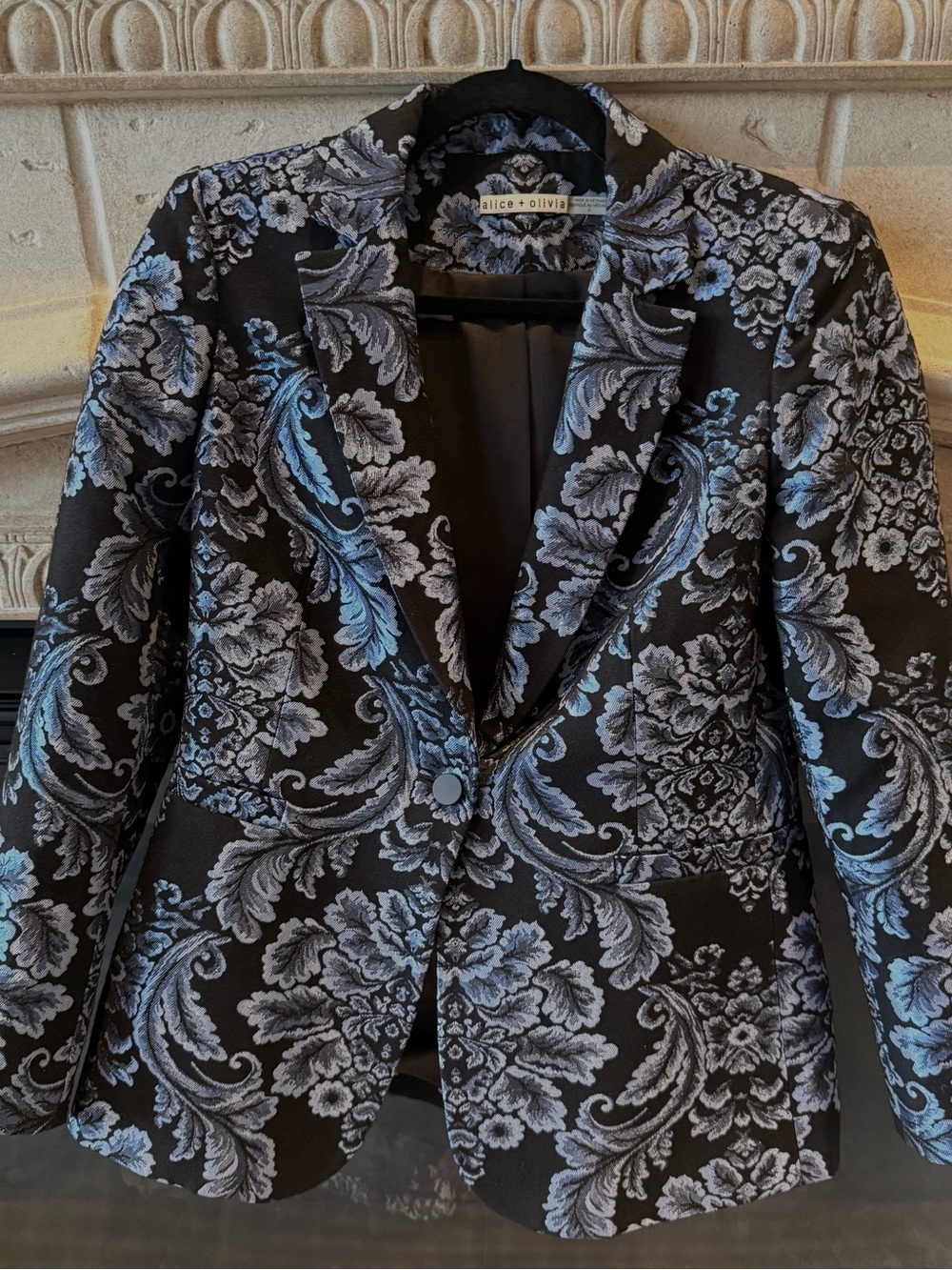 Alice + Olivia Black Blazer with Blue Floral Brocade